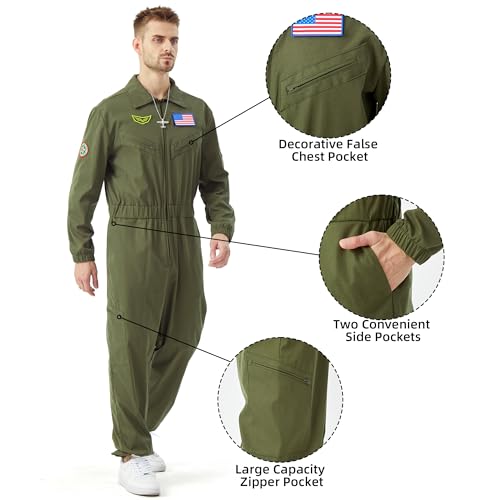 JoeRita Fighter Pilot Costume Men Flight Suit Aero Jumpsuit Women Halloween | Custom DIY Patches, Comfortable Fabric, Classic Pilot Outfit - size: Small