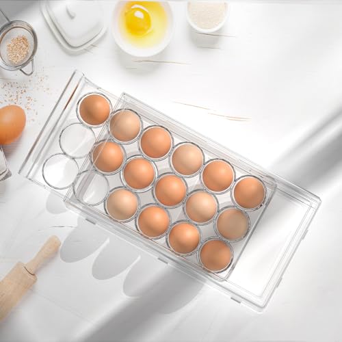 BPA Free Stackable Egg Container - 18 Egg Refrigerator Organizer with 2 Kitchen Hooks, Clear - style: Modern+Simple