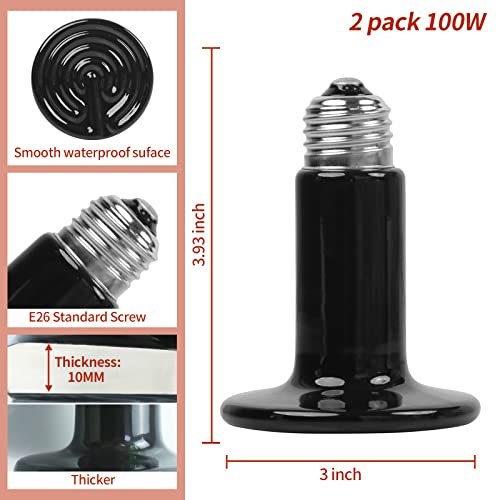 100W Ceramic Heat Emitter (2 Pack), Reptile Heat Lamp Bulbs, Ceramic Heater for Amphibian, Pet Brooder Coop, Chicken, Dog, Cat - size: 100*2