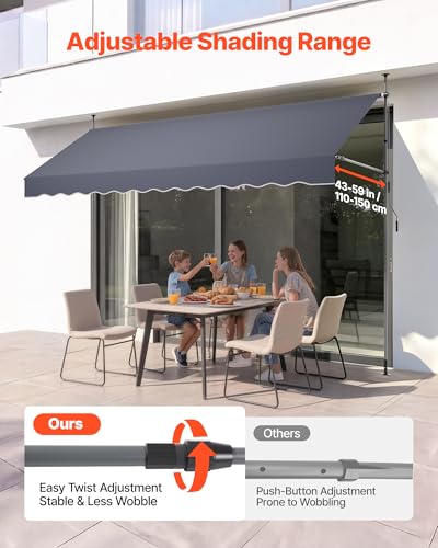 VEVOR Manual Retractable Awning, 138" x 59" Outdoor Patio Awnings Sunshade Shelter with 43"-59" Retractable Side Bar, No Drill Height Adjustable, Crank Handle for Backyard, Balcony, Dark Gray - size: 138x59 in