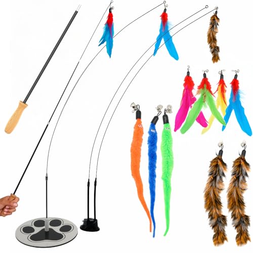 Cat Toys for Indoor Cats, Interactive Cat Toy Wand, Kitten Stuff, 9 Lures | 3 Play Modes! Set The No-topple Base On A Couch, Attach The Dual Suction Base, Or Use The Handheld Fishing Pole Wand. - color: Meow Motion Bundle