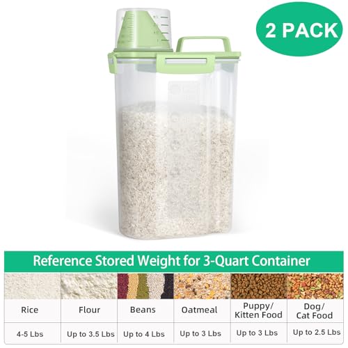 TBMax Rice Container Cereal Storage Container 2 Pack 5 Lbs, Plastic Kitchen Pantry Food Storage Container with Cup, Small Pet Dog Cat Food Dispenser -Green - color: Green 3+3Qt