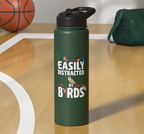 Easily Distracted By Birds Funny Bird Watcher & Birdwatching Stainless Steel Insulated Water Bottle - color: Dark Green