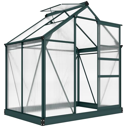 Outsunny 6' x 4' Polycarbonate Greenhouse with Rain Gutter, Dark Green | Aluminum Walk-in Green House, Push Door, for Outside Patio Backyard Garden - color: Dark Green, size: 74.75" x 52" x 79.25"