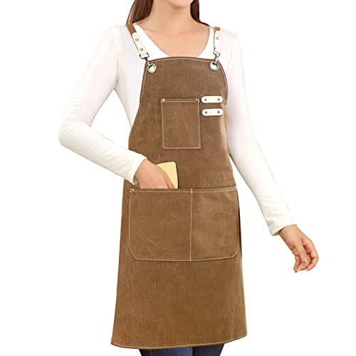 Hongsome Cotton Canvas Cross Back Apron for Art Painting Garden Chef Bartender Work,Women Men 3 Pockets Waterproof M-XXL - color: Brown