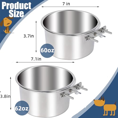 2 Pack Large Dog Water Food Bowls, Dog Crate Water Bowl No Spill, Water Bowl for Crate Cage Accessories, Kennel Water Bowls Hanging, Stainless Steel Dogs Bowls Dish Coop Cup for Large Medium Breeds