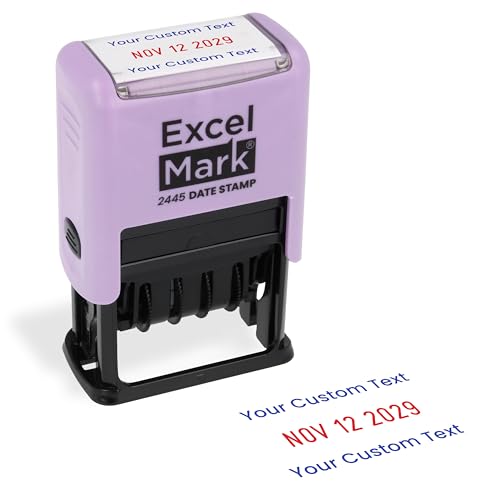 ExcelMark 2445 Date Stamp with Text - Blue and Red Ink (Violet Mount, Custom) - color: Violet Mount, size: Custom