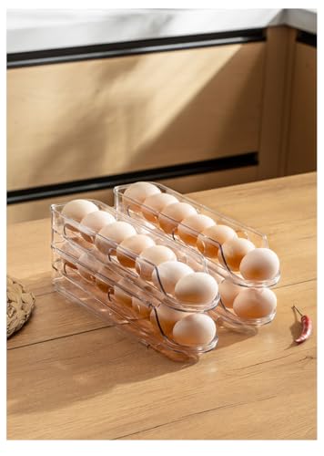 Egg Holder for Fridge,Stackable 1-4 Tiers Container,Auto Rolling Fridge Organizer for Refrigerator,Space-Saving Dispenser Holder,Refrigerator Egg Rack Transparent (4Packs)