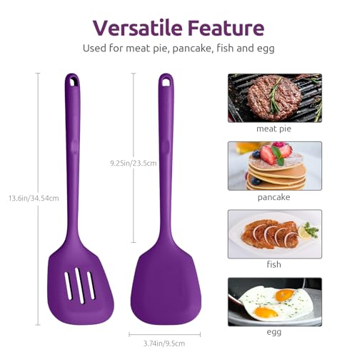 U-Taste Silicone Turner Spatula Set of 2, 13.6" Long/3.7" Wide, Purple | 600ºF Heat Resistant Food Grade Silicone Cooking Utensils Set, Wide Large Solid & Slotted Turner Pancake Egg Flipper - color: Purple