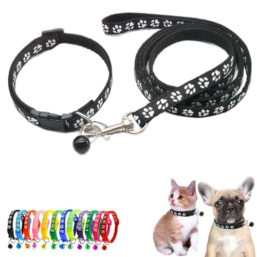 Puppy Dog Collar Leash Set with Bell, Cat Kitten Collars Black XXS XS | Paw Print Reflective Dog Collar Leash Set with Bell, Basic Nylon Boy Girls Pet Collar Adjustable For XXS XS S Tiny Puppies - color: black