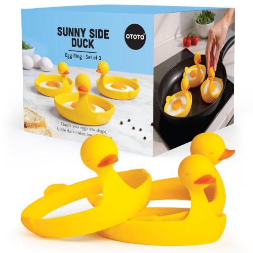 OTOTO Egg Rings 3 Pack - Silicone Egg Separators with Duck Holders, Egg Circle Mold Set, Egg Ring for Sandwiches, Pancake Molds & Fried Eggs, Unique Kitchen Gadgets, Fun Gifts (Sunny Side Duck) - color: Yellow