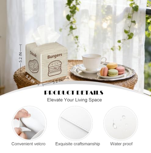 Wood Grain Food Art Tissue Holder,Rustic Kitchen Decor Gift | 4-Sided Unique Line Art Food Surface 5.2Inch PU Tissue Box Cover,Dining Room Decor Gift, Cafe Restaurant Decor Present - color: White Decoration Theme-10