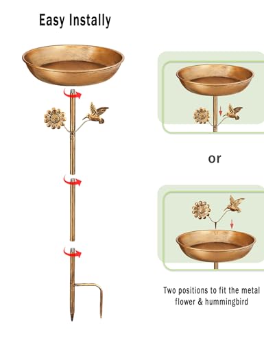 Freestanding Bird Bath with Metal Stake - 11” Antique Bronze Metal Birdbath Bowl & Feeder for Outdoor Garden Yard Decor