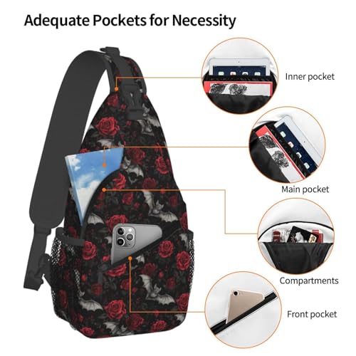 Goth Sling Bag for Women, Crossbody Bag Bat Rose Sling Backpack for Men, Casual Shoulder Bags Lightweight Gym Outdoor Sports Travel Hiking Fishing Daypack - color: Goth