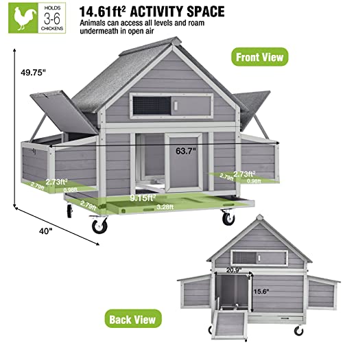 GUTINNEEN Large Chicken Coop on Wheels Mobile Wooden Hen House Weatherproof Duck Poultry Cage 67.3" L for 6-8 Chickens with 6 Nesting Box - size: 67.3"L x 40.0"W x 49.8"H