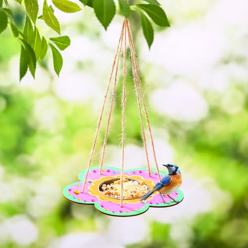 CroBlissful 12 Pack Bird Feeder Craft Kits for Kids DIY Your Own Bird Feeders with Paint and Paintbrushes Wooden Arts and Crafts for Kid Ornaments to Paint Feeders Craft for Garden(Flower Shape) - style: Flower Shape