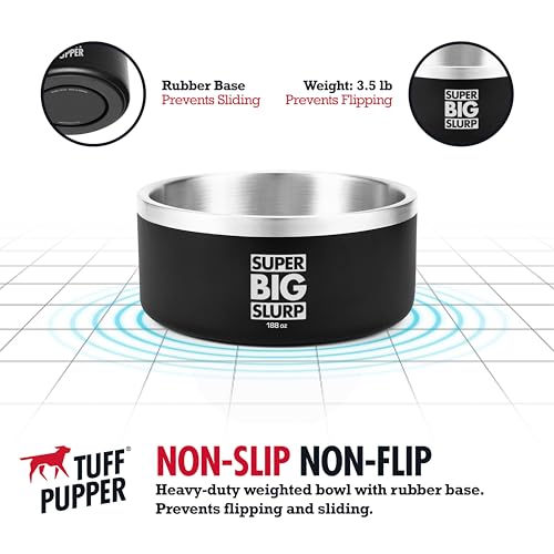Tuff Pupper Heavy Duty Insulated Dog Bowl | Double Wall Stainless Steel Dog Food Dish | Non-Slip Spill Proof Dishwasher Safe Cat Bowl | Water Dish for Feeding Large Medium Small Pets (188oz, Black) - color: Epic Black, size: 188oz