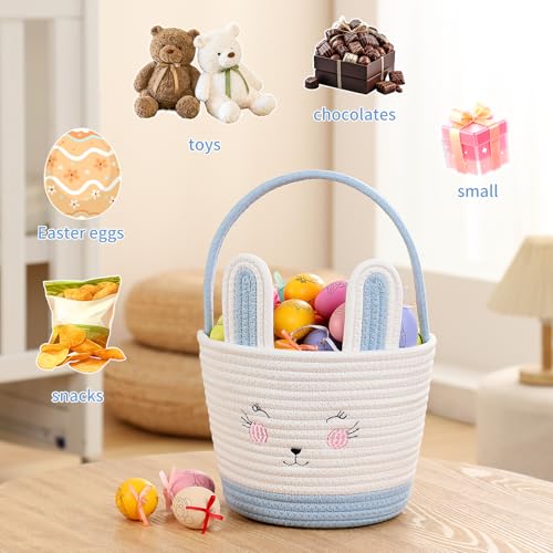 Easter Baskets for Easter Egg with Handle Woven Empty Hunt Boys' Lovely Bunny Rabbit Colorful Woven Basket First Easter Gifts for Boys, Babies, Kids, and Children (Blue) - color: Blue