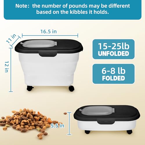 Dog Food Container, Collapsible Pet Food Storage Container 17-20 lb with Rolling Wheels & Airtight Lid, Plastic Storage Bin With Dog Food Scoop and Measuaring Cups - color: Black