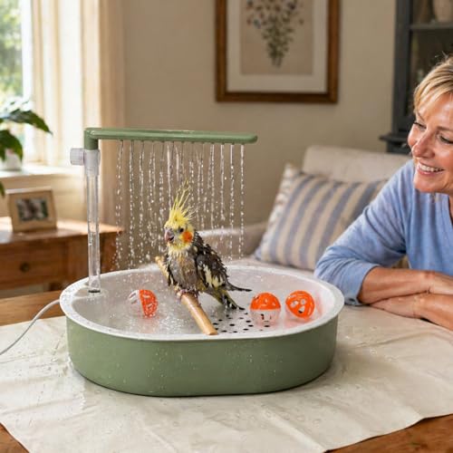 Bird Shower Bath with Waterproof Mat 41×29.5", Adjustable Flow Bird Bath Fountain with Plug Pump, Pet Bird Bath Set with Cleaning Brushes & Bell Toys for Parakeet Cockatiel