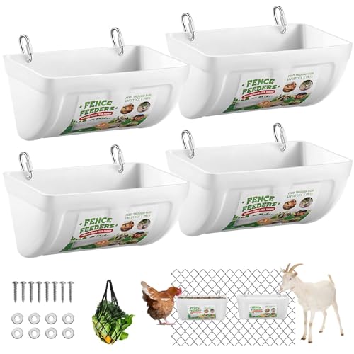 4 Pack Goat Feeders Hanging, 4.5 Quart White Chicken Feeder, Rabbit Feeders | Feed Buckets for Horses with Clips Hanging Fence Feeders, Duck Feeder, Chicken Water Feeder, Poultry Feeding Trough - color: white