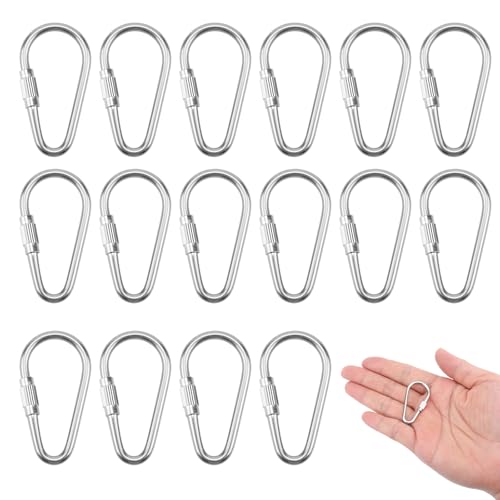16 Pcs Small Locking Carabiner, 1.5in D-Ring Key Hooks, Stainless Steel Screw Lock Carabiner Clips for Keychain Pet Leash Parrot Bird Hanging Toys (Silver)