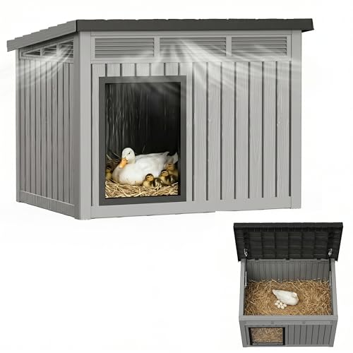 Vixzen Outdoor Duck House, PP Resin, Gray | Spacious Interior Poultry Shelter, Gas Strut Opening Top & Shutter Vents, Easy Cleaning and Storage - color: Gray, size: 42.9"L x 33.0"W x 31.6"H