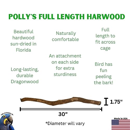 Polly's Full Length Hardwood Cage Perch for Parakeets, Cockatiels, Cockatoos, Macaws, and Other Birds (30") - size: 30"