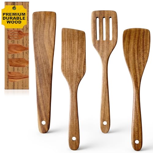 Non Toxic Wooden Spatula for Cooking Utensil Set Acacia Wood Spatula Set | 4 Pack Bamboo Cooking Spoon Flat Slotted Turner Spatulas for Kitchen Use Cast Iron Scraper Spurtle Thin Egg Flipper Spatula - color: 4Pcs-Spatula