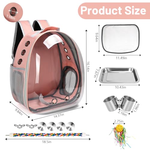 Bird Backpack Carrier, Travel Bird Cage for Small Medium Size Parrot Parakeet Budgies Cockatiel, Portable Clear Bubble Window Bag with Stainless Steel Tray Food Bowl Standing Perch (Pink) - color: Pink
