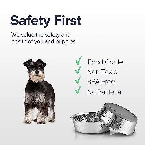 URBUDDIES 2 Pack Hammered Stainless Steel Dog Bowls, 4 Cup, Gray Bottom | Premium Metal Dog Bowls with Non Slip Rubber Bottom, Dishwasher Safe, Easy to Clean - size: 4-Cup