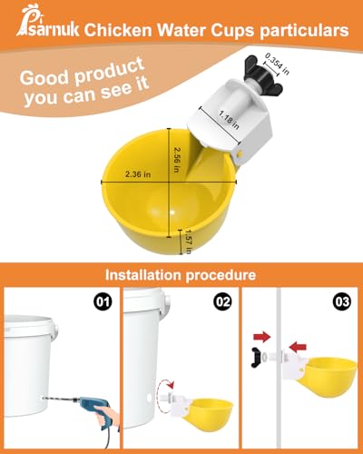 Chicken Waterer Cups (16 Pack) with 3/8" Drill Bit - Yellow | Automatic Poultry Drinker Feeder Kit for Chickens, Ducks, Turkeys, Quail, Bunnies | DIY Gravity Fed Bucket Water Dispenser - color: Yellow, size: 16 Pack + Drill bit