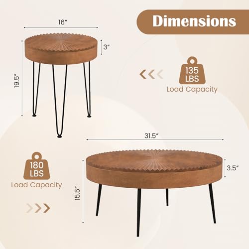 COSTWAY Farmhouse Round Coffee Table Set of 2, Rustic Sofa Side Tea Tables w/Wood Finish, Metal Frame, Adjustable Foot Pads, Nesting End Table Set for Living Room, Bedroom (Radial Pattern, Brown) - color: Brown, style: Radial Pattern