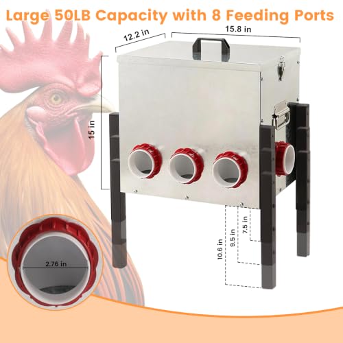 50LB Automatic Chicken Feeder with Cover – Large Capacity Metal Chicken Coop Feeder with 8 Feed Ports, Adjustable Legs Rainproof No Waste Outdoor Poultry Feeder for Hens & Free Range Flocks - size: 50LBS