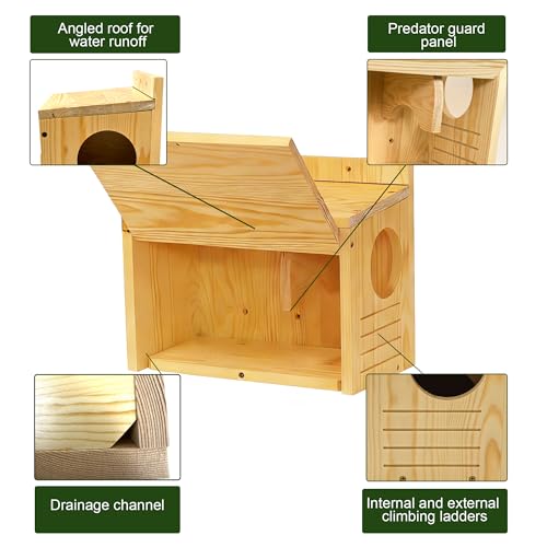 Wooden Squirrel House for Outside | Large Pine Wood Nesting Box with Front Open Panel, Easy Assembly Outdoor Animal Shelter for Backyard, Garden & Trees