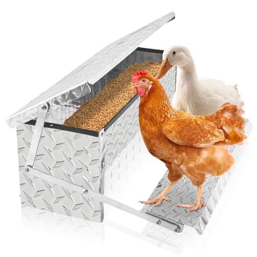 Treadle Chicken Feeder Automatic Large Poultry Feeders Capacity Treadle Self Opening Pou with Weatherproof Lid Rain Cover for Roosters Pheasant Chicken Outdoor Coop Silver Full Aluminum(11lbs/5000g) - size: 11LB Capacity