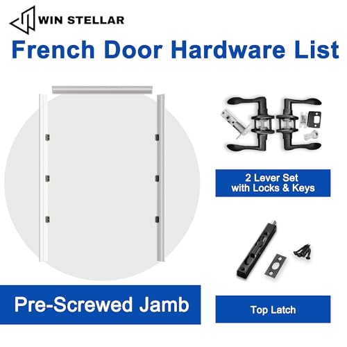 48x80 Interior French Door,Half Clear Glass Doors,Living Room Doors Prehung | Matte Black Hardware-Privacy Door Lever with Lock, Latch&Hinges, Solid Core,Tempered Glass,No PreDrill,Jamb Assembly Required - color: Half Lite, Black Hinges, size: 48x80 for 5