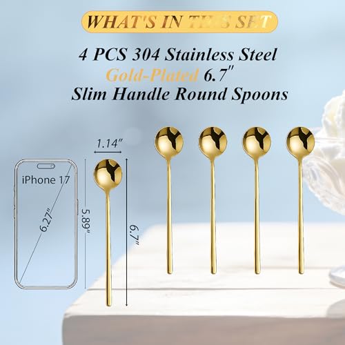 Long-handled Mirror-Finish Small Round Stainless Steel Spoon, Suitable for Scooping Bird's Nest, Honey, Coffee, Milk Powder, Sugar, Cocoa Powder and Other Foods & Desserts (4pcs 6.7", Gold-Plated) - size: 6.7in, style: 4Pcs Gold-Plated