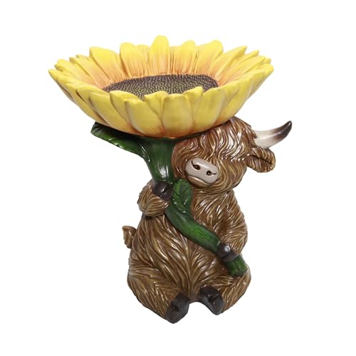 Alpine Corporation WJY114 Highland Cow Holding Sunflower Bird Feeder Statuary - 10" Indoor and Outdoor Garden Accent Decor for Yard, Patio, and Landscape Display - color: Yellow and Brown