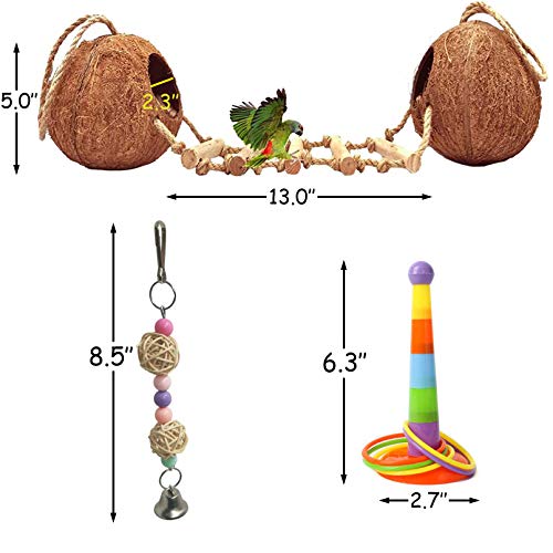 kathson 5PCS Bird Hides Coconut Nest with Ladder Perches Hanging Parrot House Cage Natural Coconut Fiber Parakeet Chewing Toys Intelligence Training Rings for Small Budgies Cockatiels