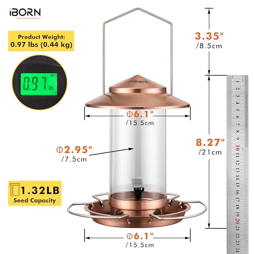 Bird feeders for Outdoors Metal Chew Resistant Copper-Plating, 1PK | Metal Roof, Metal Tray, Fixed Hanger, Flip-Top Fill, 3 Perches, Easy-Clean, 1.32lb - color: Brushed Copper, 1.5LB, 3 Perches