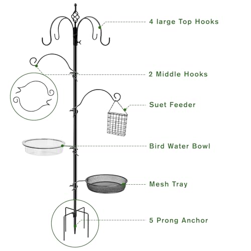 Bird Feeding Station, 90.55in 6-Hook Wild Bird Feeder Stand Pole with Water & Mesh Tray Humming Bird Feeders for Outdoors Easy Assembly for Courtyards Gardens (Black) - size: 90.55in