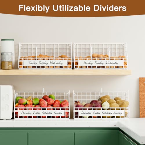 Egg Basket, Stackable Wall Mount Egg Holder Countertop with Weekday Labels | Rustproof carbon steel basket with adjustable dividers, ideal for backyard poultry, small kitchen & pantry storage, 2T White - color: White, size: 2-Tier（with printed labels）