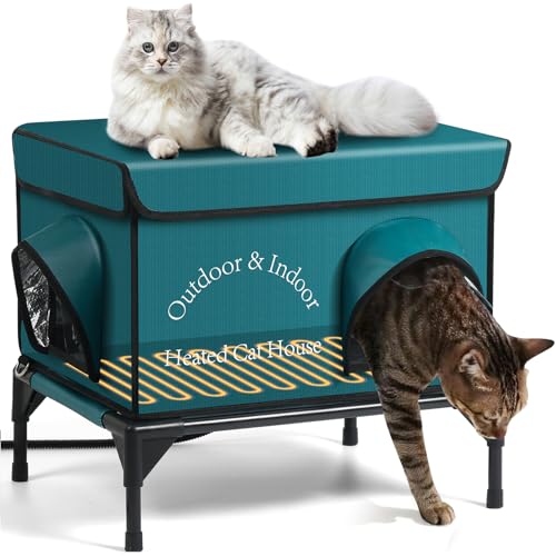 Heated Cat House for Outside Cat in Winter, Insulated Outdoor Feral Cat Shelter with Cat Heating Pad, 2 Doors,Elevated Waterproof Heated Kitty House (Blue, 21.5"x16.5"x18") - style: Blue Cat House 01