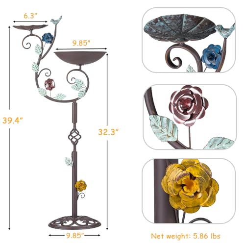 Metal Bird Bath and Feeder for Outdoors 39.4" H 2-in-1 Combo | Freestanding Birdbaths with Cast Iron Pedestal, Retro Vine Shaped Standing Combo for Outside Garden Patio Porch