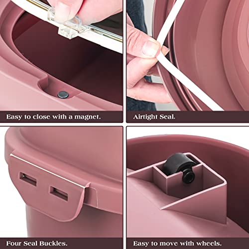 TIOVERY Dog Food Storage Container, Airtight Collapsible 13lb to 30lb Pet Food Container with Flip Top, Rolling Wheel, Scoop and a small container for Dog Cat Food and Dry Food of Rice, Flour - color: Pink