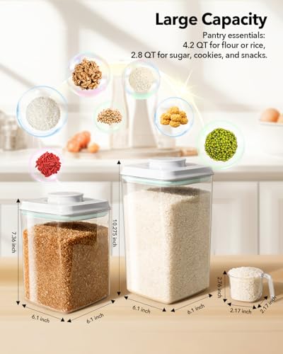 Food Storage Container Sets, 2.8 Qt + 4.2 Qt *2 Airtight Canisters with Lids and 130ml Scoop, BPA-Free Plastic Pantry Containers for Flour, Sugar, Rice - color: 4L*2+2.65L