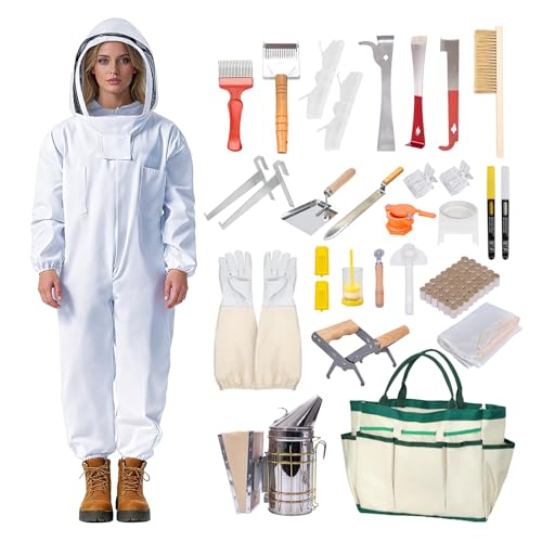 Honey Lake 31Pcs Beekeeping Supplies Starter Tool Kit with Bee Suit for Beekeepers, Includes Bee Smoker, Beehive Frame Holder, Frame Grip, Bee Marking Pen, Hive Tool and More Beekeeping Tools (L) - size: L