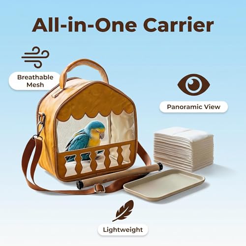 Breathable Parrot Travel Carrier, Dual Carry Bird Cage with Perch and Tray for Small Parrots (Bird Travel Carrier/Removable Tray/Wooden Perch)