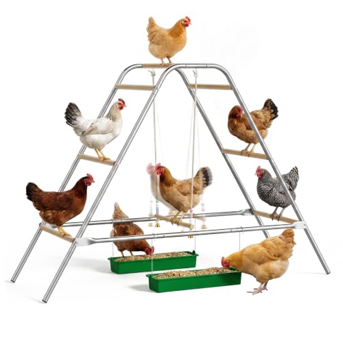 Wooden Chicken Roosting Bars with Swing & 2 Feeders | Chicken Perch Stand Coop Accessories for Outdoor Chicken Playground, Exercise Toy for Backyard Poultry Farm, Easy Assembly